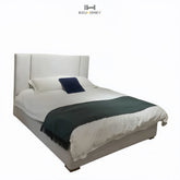 SK100 white bed with gold stripes headboard backrest